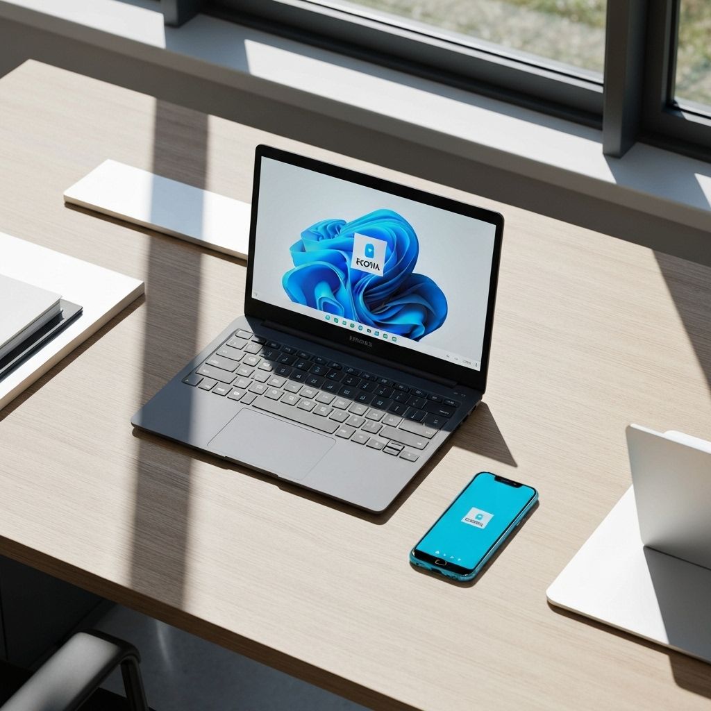 Laptop con Windows y móvil Android mostrando pantallas de bloqueo corporativas KOBIA